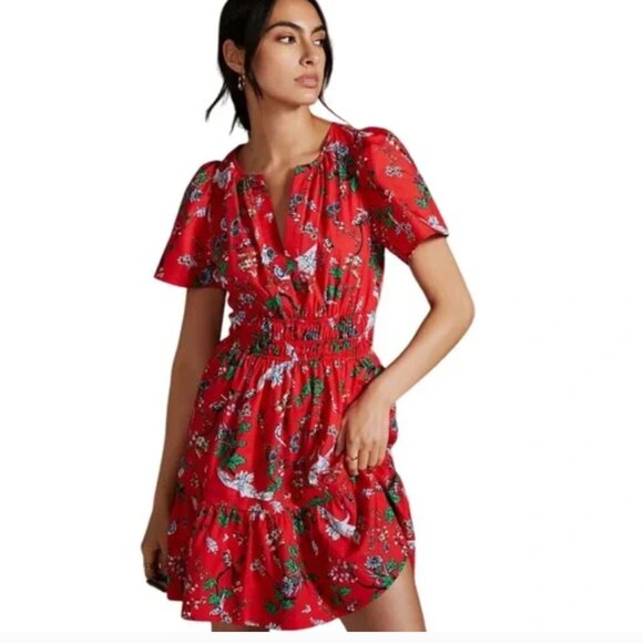 Anthropologie Somerset Mini Dress in Red Floral & Crane Print NWOT - Picture 3 of 8